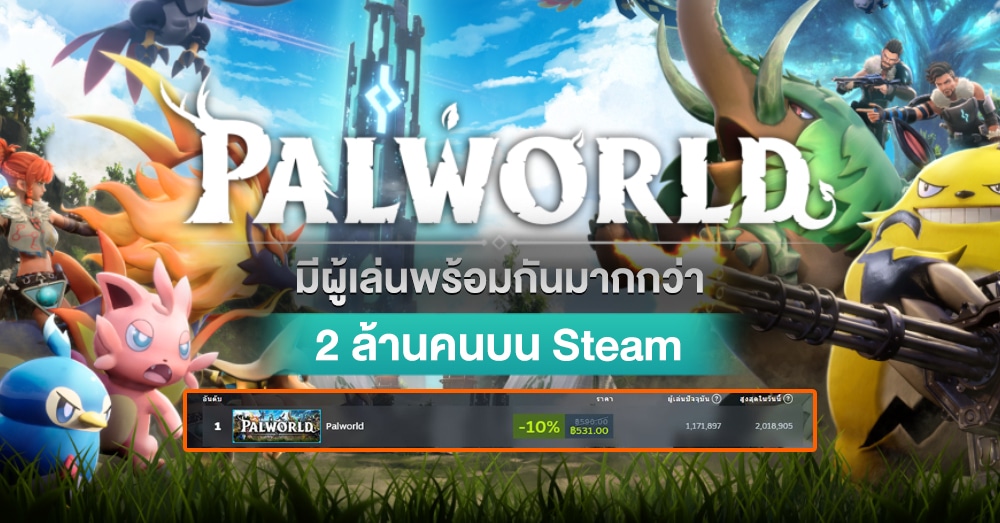 Palworld, novo jogo, continua quebrando recordes com mais de 2 milhões de jogadores simultâneos no Steam